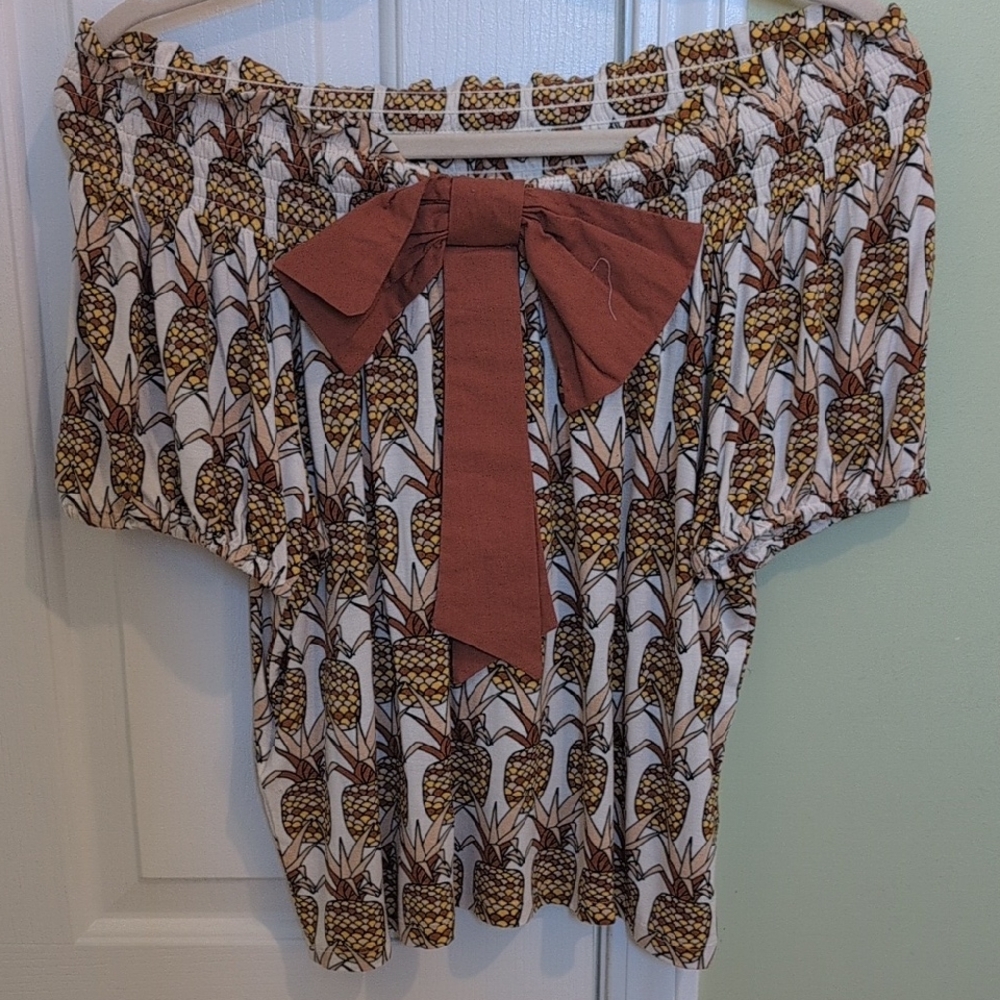 Anthropologie Pineapple Print Blouse with Red Bow